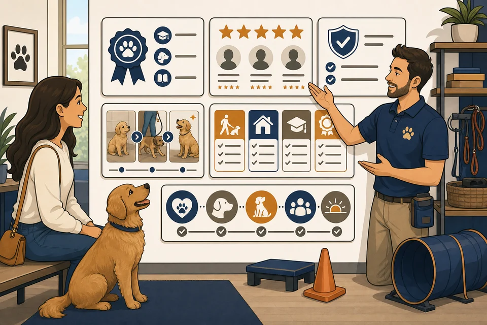 Dog Trainers trust-builder illustration for proof appears before hesitation.
